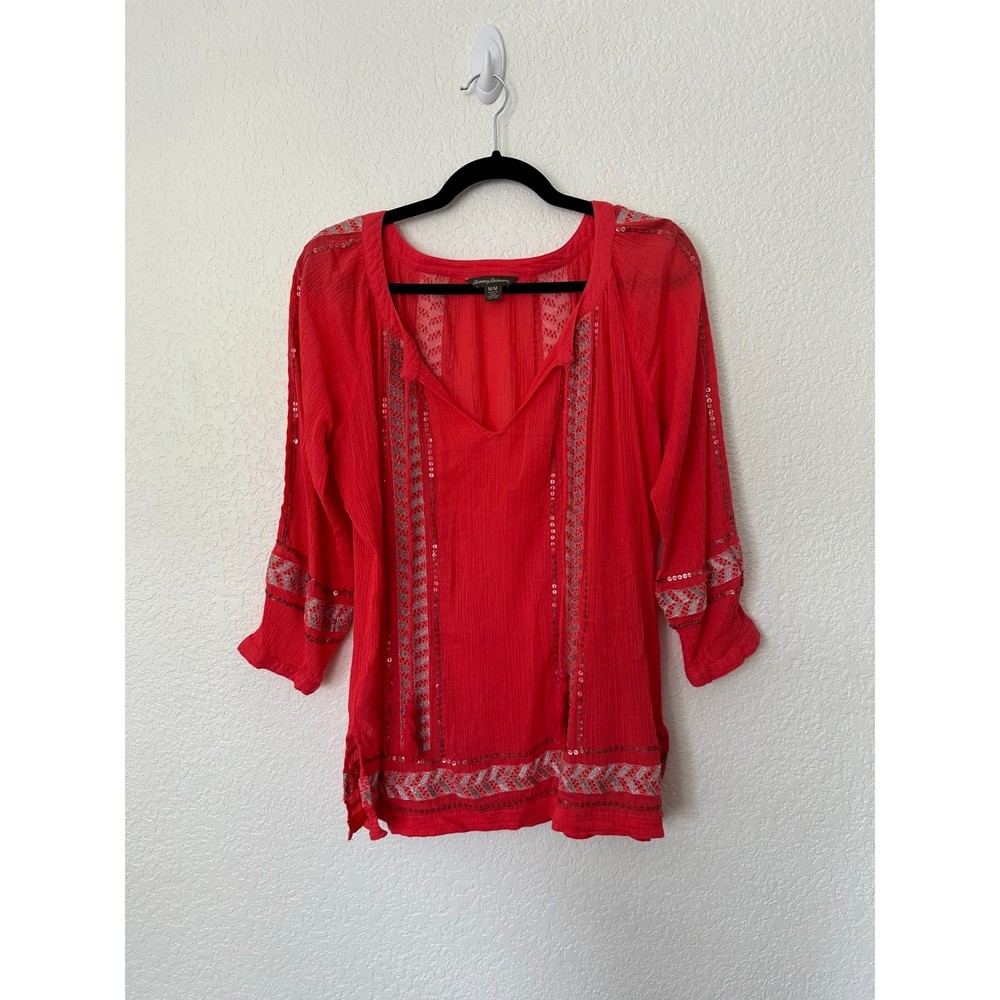 Tommy Bahama Red V-Neck Sheer Embroidered Blouse